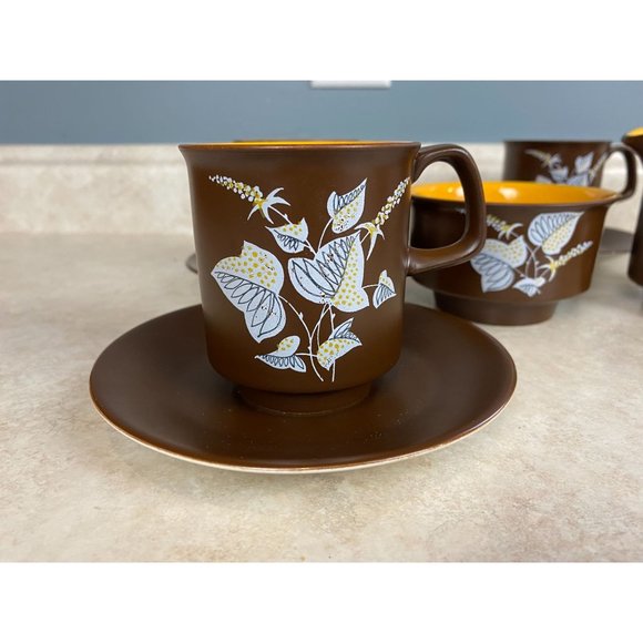 Crown Devon Open Sugar Bowl & Creamer With 5 Cups And Saucers Brown And Orange - Picture 2 of 5